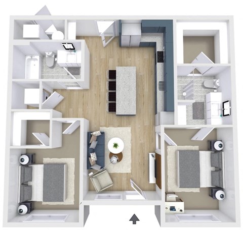 Floor plan for 2 beds, 2 baths, 907 sqft